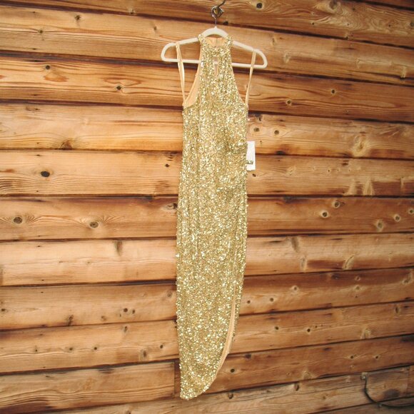 MAC DUGGAL 5760 Gold Sequined High Neck Keyhole Asymmetrical Dress - Picture 7 of 14